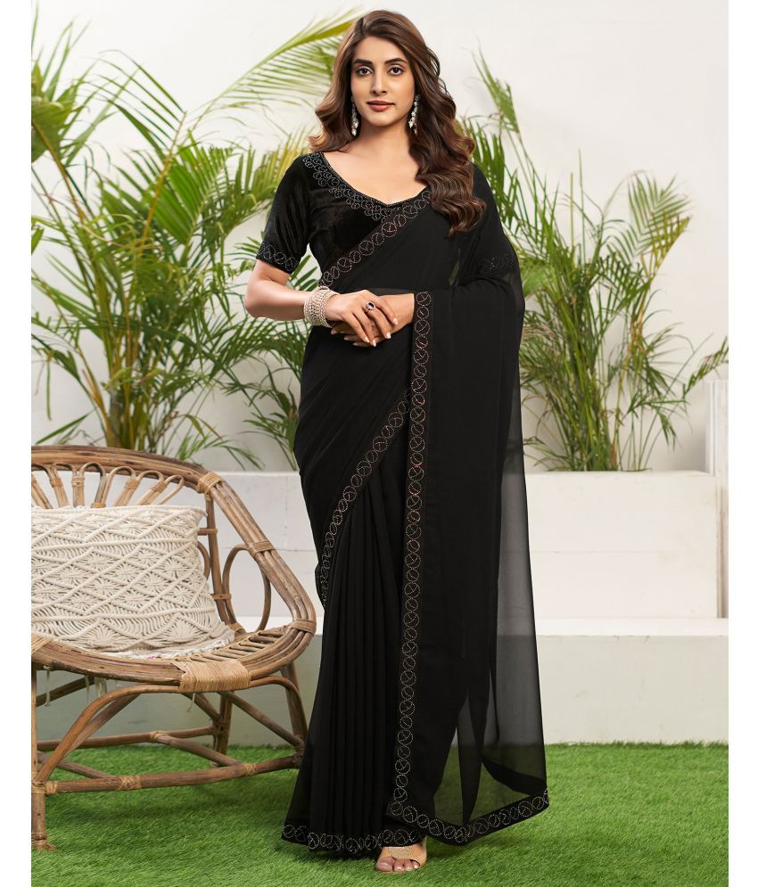     			Satrani Georgette Solid Saree With Blouse Piece - Black ( Pack of 1 )