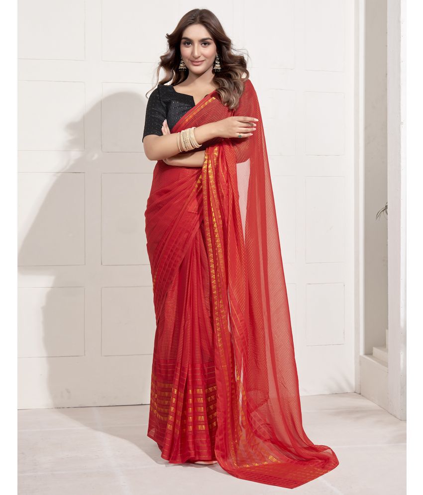     			Satrani Georgette Striped Saree With Blouse Piece - Red ( Pack of 1 )
