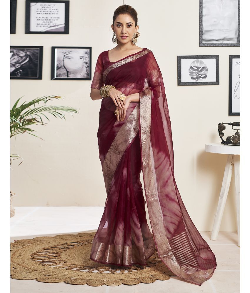     			Satrani Organza Printed Saree With Blouse Piece - Maroon ( Pack of 1 )