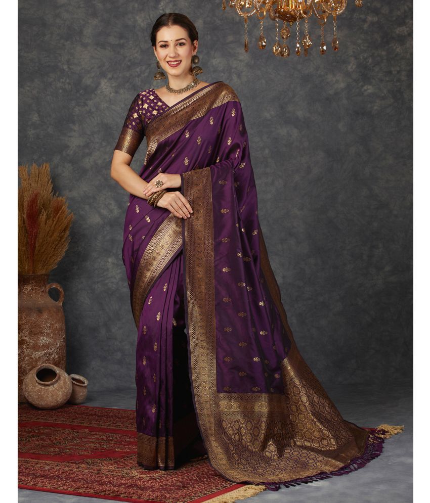     			Satrani Silk Self Design Saree With Blouse Piece - Purple ( Pack of 1 )