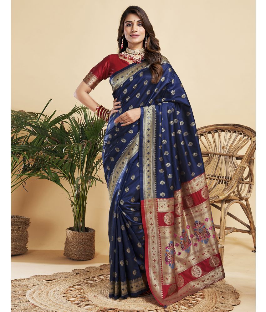     			Satrani Silk Self Design Saree With Blouse Piece - Navy Blue ( Pack of 1 )