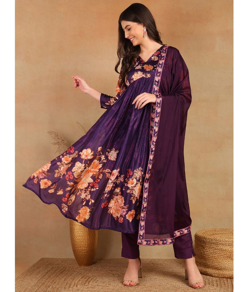     			Vaamsi Silk Blend Printed Kurti With Pants Women's Stitched Salwar Suit - Purple ( Pack of 1 )