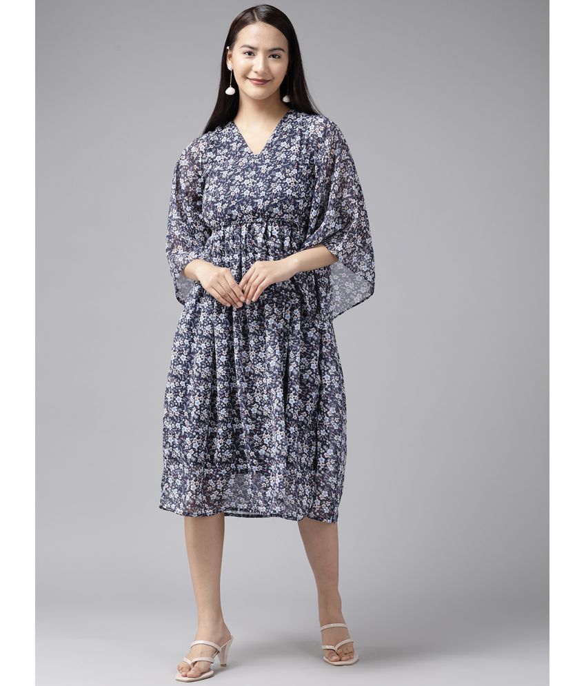     			Aarika Georgette Printed Midi Women's Fit & Flare Dress - Navy Blue ( Pack of 1 )