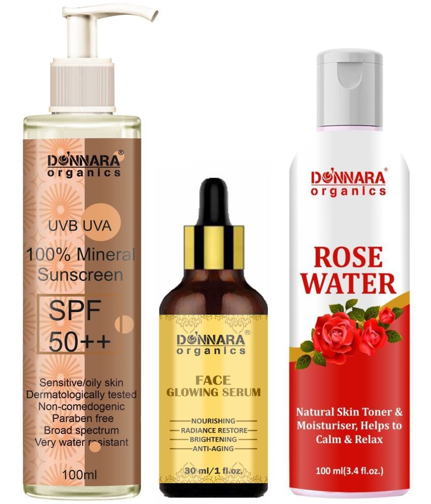     			Donnara Organics 100% Mineral Suncreen Cream UVB & UVA Protection with SPF 50++ 100ml, Face Glowing Serum 30ml & Natural Rose Water 100ml - Combo of 3 Items