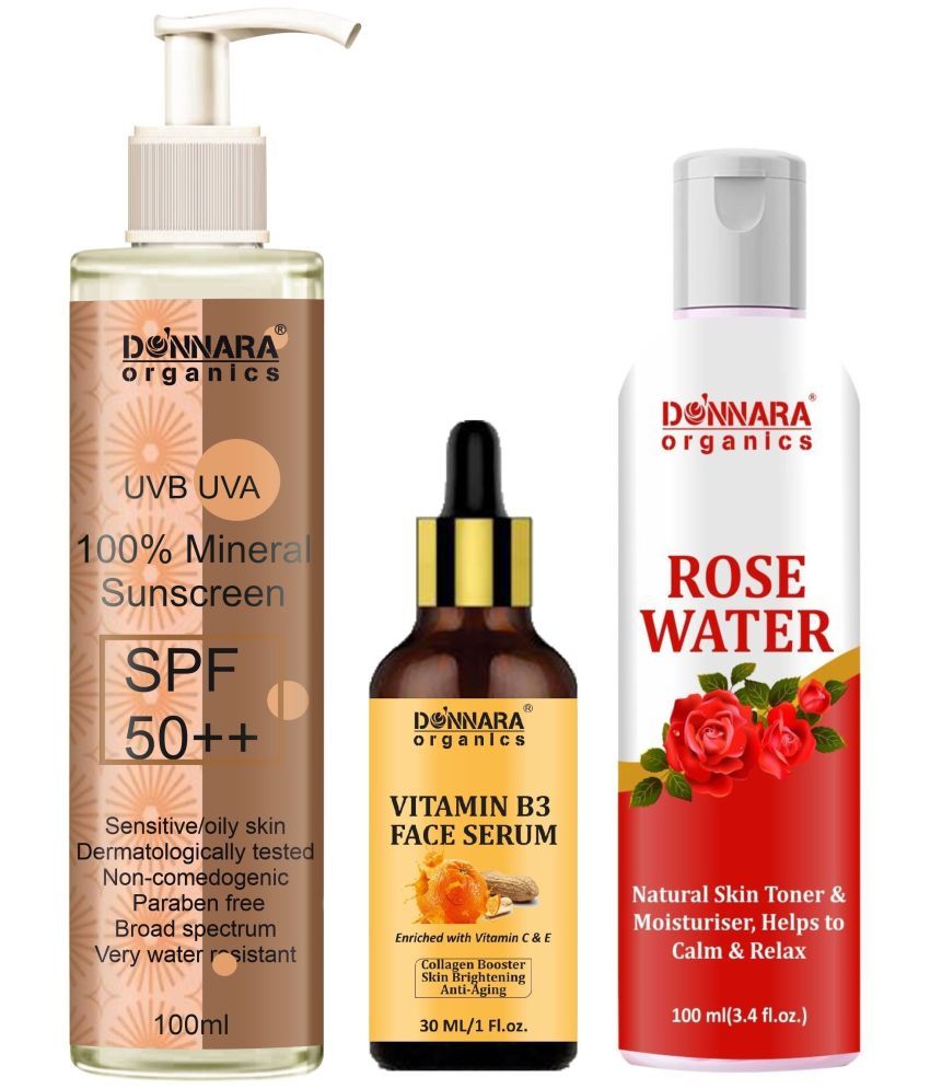     			Donnara Organics 100% Mineral Suncreen Cream UVB & UVA Protection with SPF 50++ 100ml, Vitamin B3 Face Serum 30ml & Natural Rose Water 100ml - Combo of 3 Items