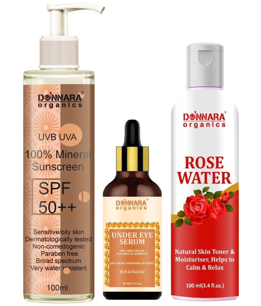     			Donnara Organics 100% Mineral Suncreen Cream UVB & UVA Protection with SPF 50++ 100ml, Under Eye Serum for Dark Circle 30ml & Natural Rose Water 100ml - Combo of 3 Items