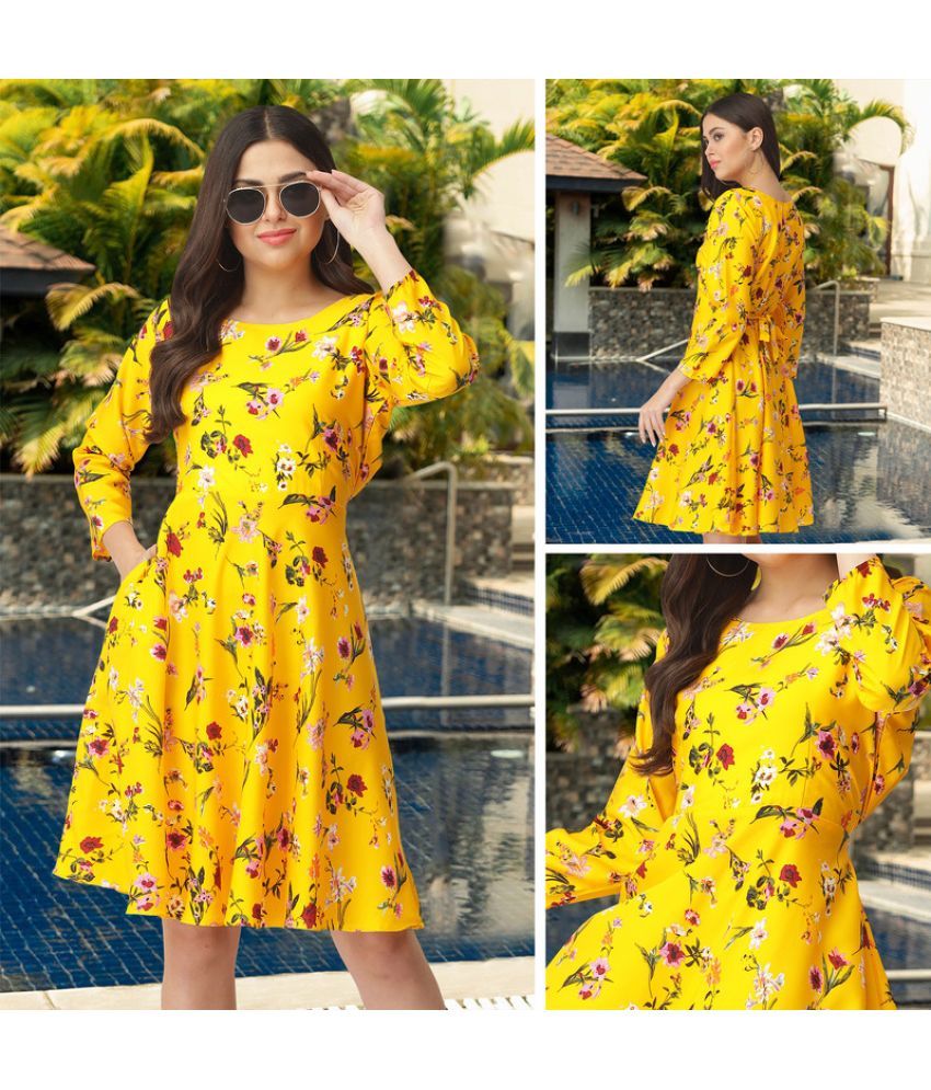     			MISS AYSE Crepe Printed Knee length Women's Fit & Flare Dress - Yellow ( Pack of 1 )