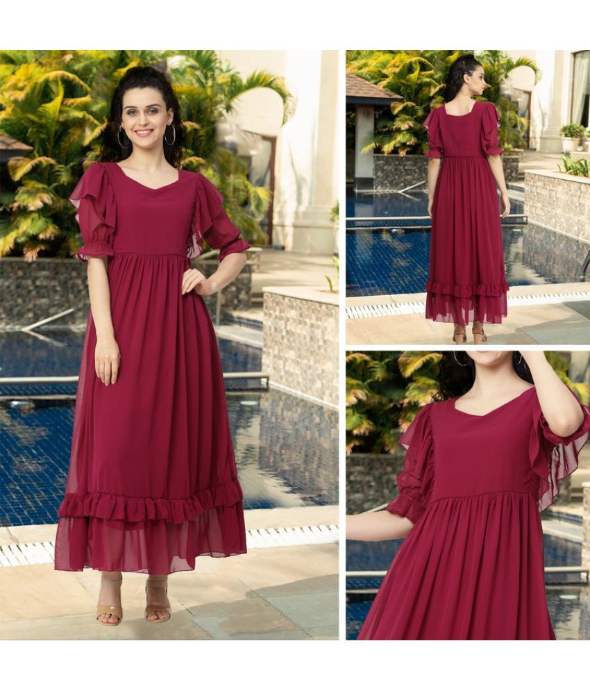     			MISS AYSE Georgette Solid Full Length Women's Fit & Flare Dress - Maroon ( Pack of 1 )