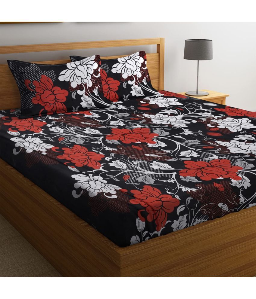     			Shaphio Poly Cotton Floral 1 Double Bedsheet with 2 Pillow Covers - Black