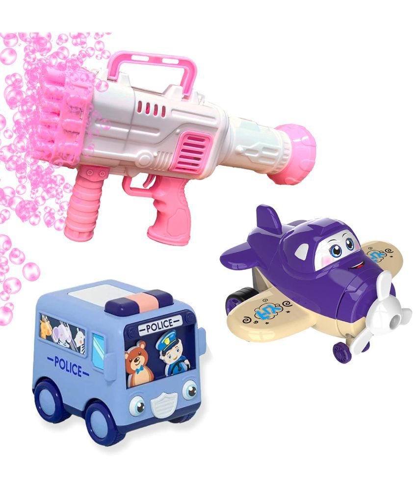     			RAINBOW RIDERS Combo Super Socket 45 Holes Pink Bubble Gun & Cartoon Mini Bus & Deform Cartoon Robot Plane For Kids Boys Girls Age 3+ Years