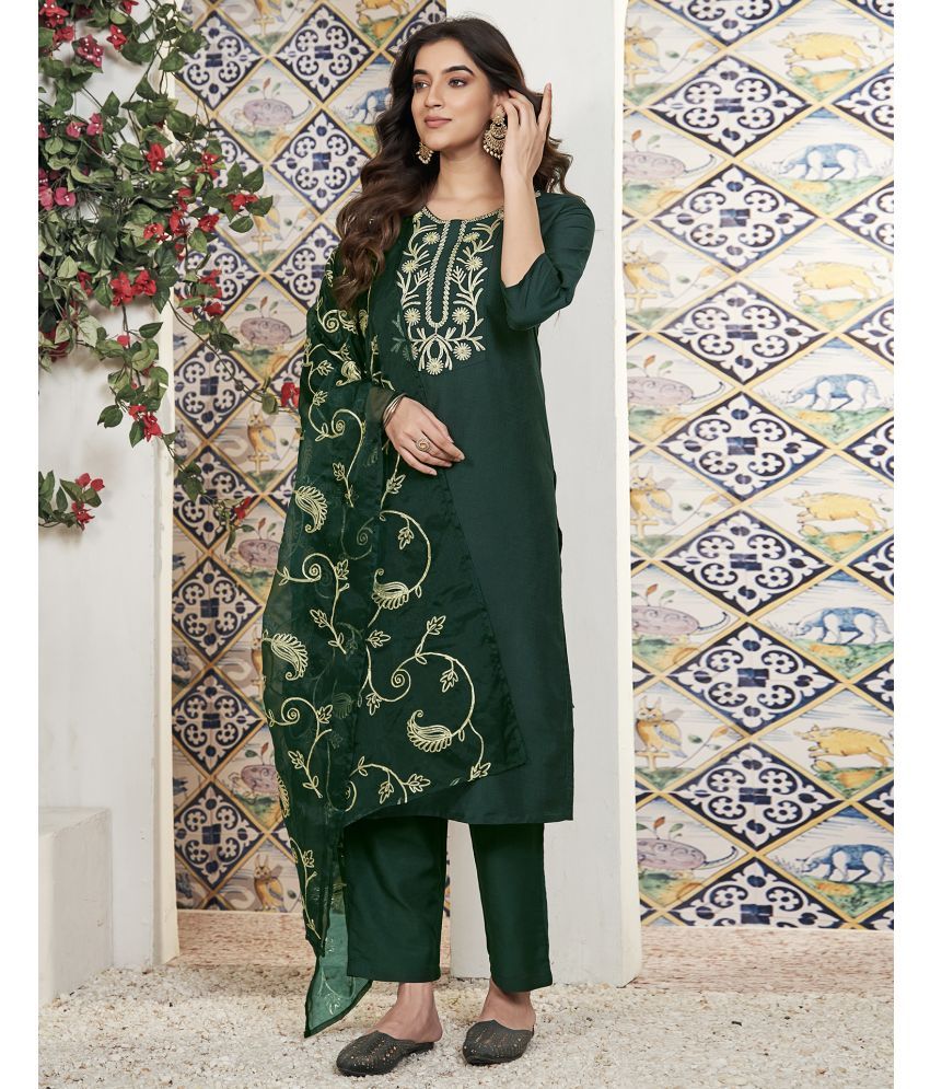     			Skylee Chiffon Embroidered Kurti With Pants Women's Stitched Salwar Suit - Green ( Pack of 1 )