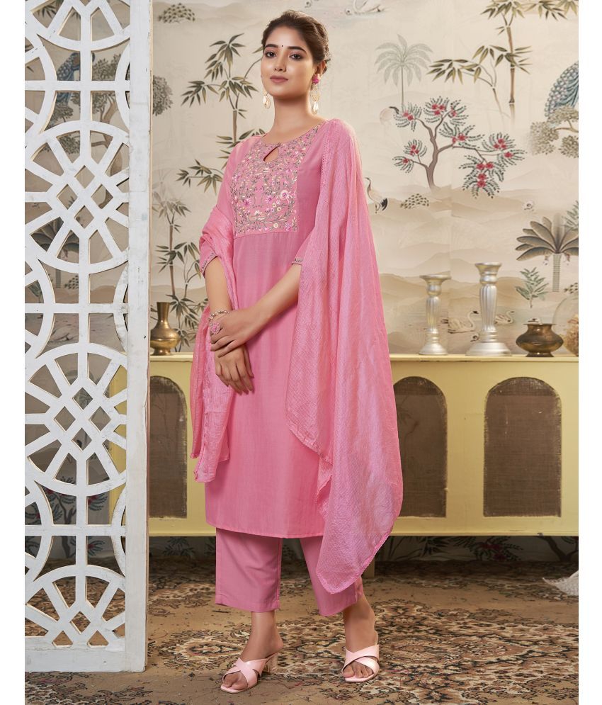     			Skylee Chiffon Embroidered Kurti With Pants Women's Stitched Salwar Suit - Pink ( Pack of 1 )