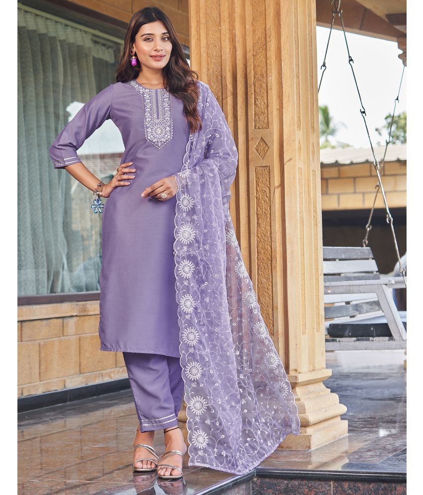     			Skylee Cotton Blend Embroidered Kurti With Pants Women's Stitched Salwar Suit - Lavender ( Pack of 1 )