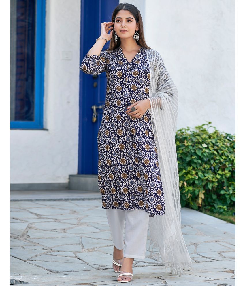     			Skylee Cotton Printed Kurti With Pants Women's Stitched Salwar Suit - Blue ( Pack of 1 )