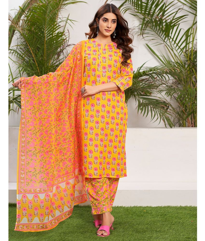     			Skylee Rayon Printed Kurti With Pants Women's Stitched Salwar Suit - Yellow ( Pack of 1 )