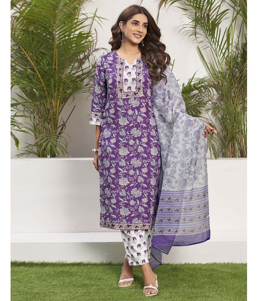     			Skylee Rayon Printed Kurti With Pants Women's Stitched Salwar Suit - Purple ( Pack of 1 )