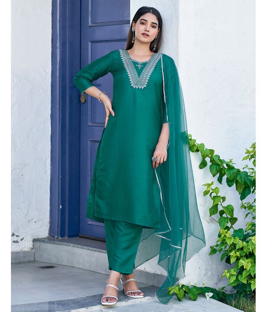     			Skylee Silk Blend Embroidered Kurti With Pants Women's Stitched Salwar Suit - Teal ( Pack of 1 )