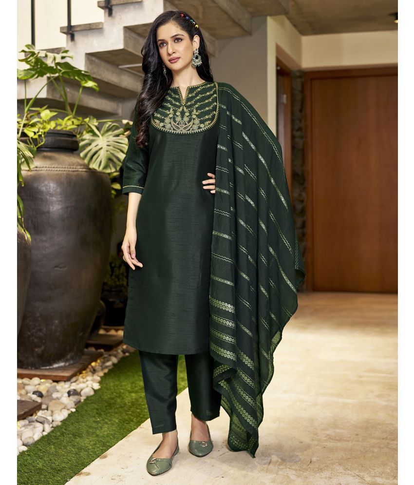     			Skylee Silk Blend Embroidered Kurti With Pants Women's Stitched Salwar Suit - Green ( Pack of 1 )