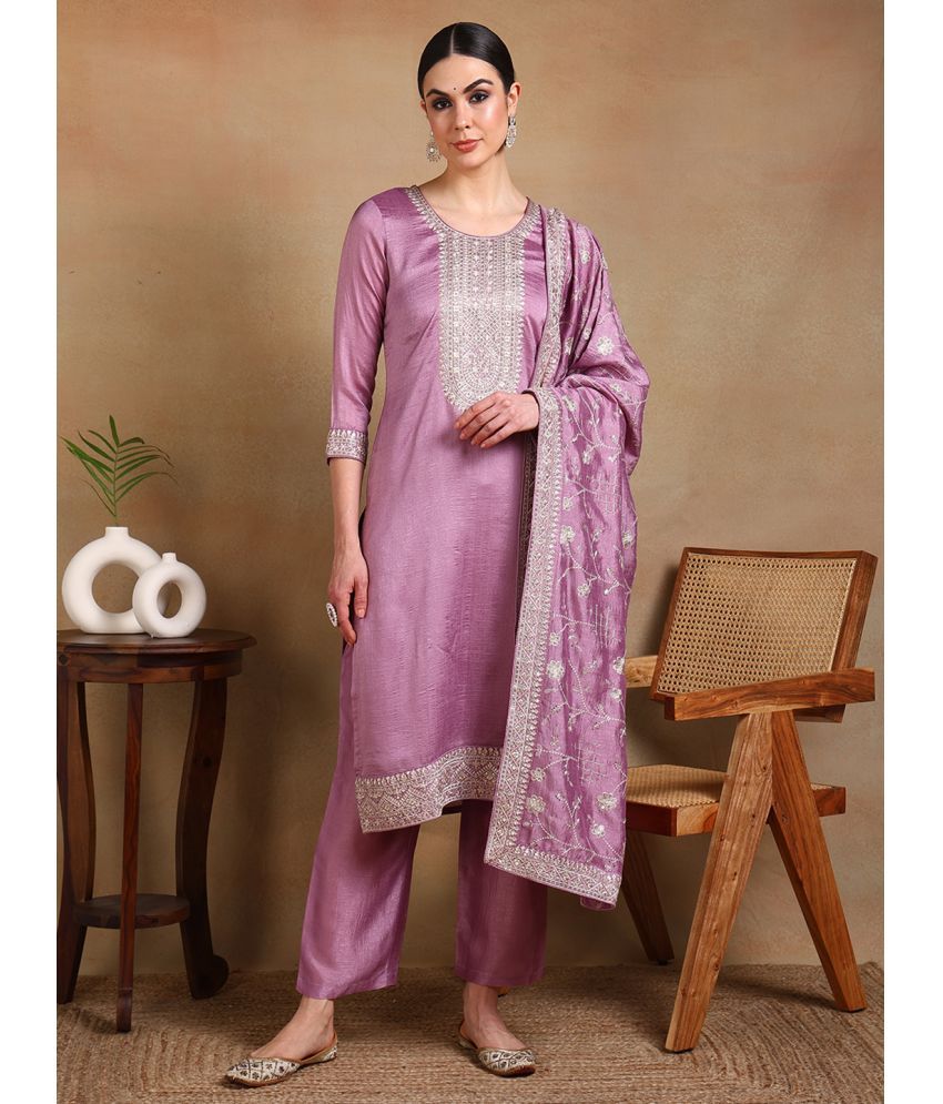     			Vaamsi Silk Blend Embellished Kurti With Pants Women's Stitched Salwar Suit - Lavender ( Pack of 1 )