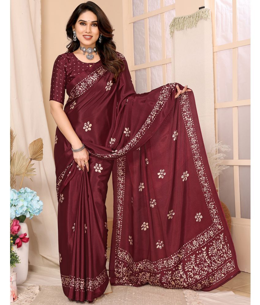     			Yashika Silk Blend Printed Saree With Blouse Piece - Maroon ( Pack of 1 )