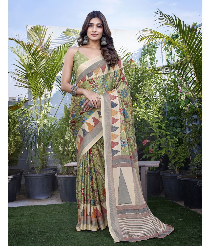     			Yashika Silk Blend Printed Saree With Blouse Piece - Olive ( Pack of 1 )