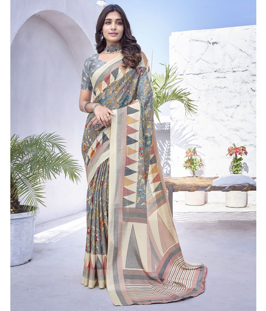     			Yashika Silk Blend Printed Saree With Blouse Piece - Grey ( Pack of 1 )