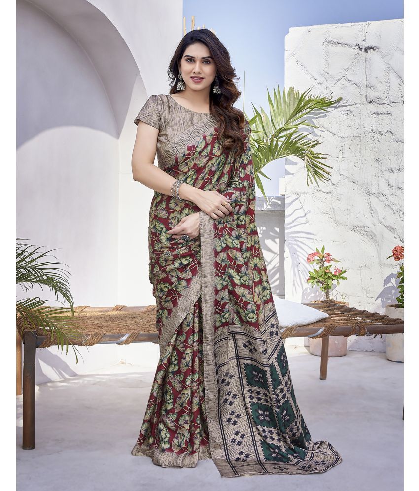     			Yashika Silk Blend Printed Saree With Blouse Piece - Maroon ( Pack of 1 )