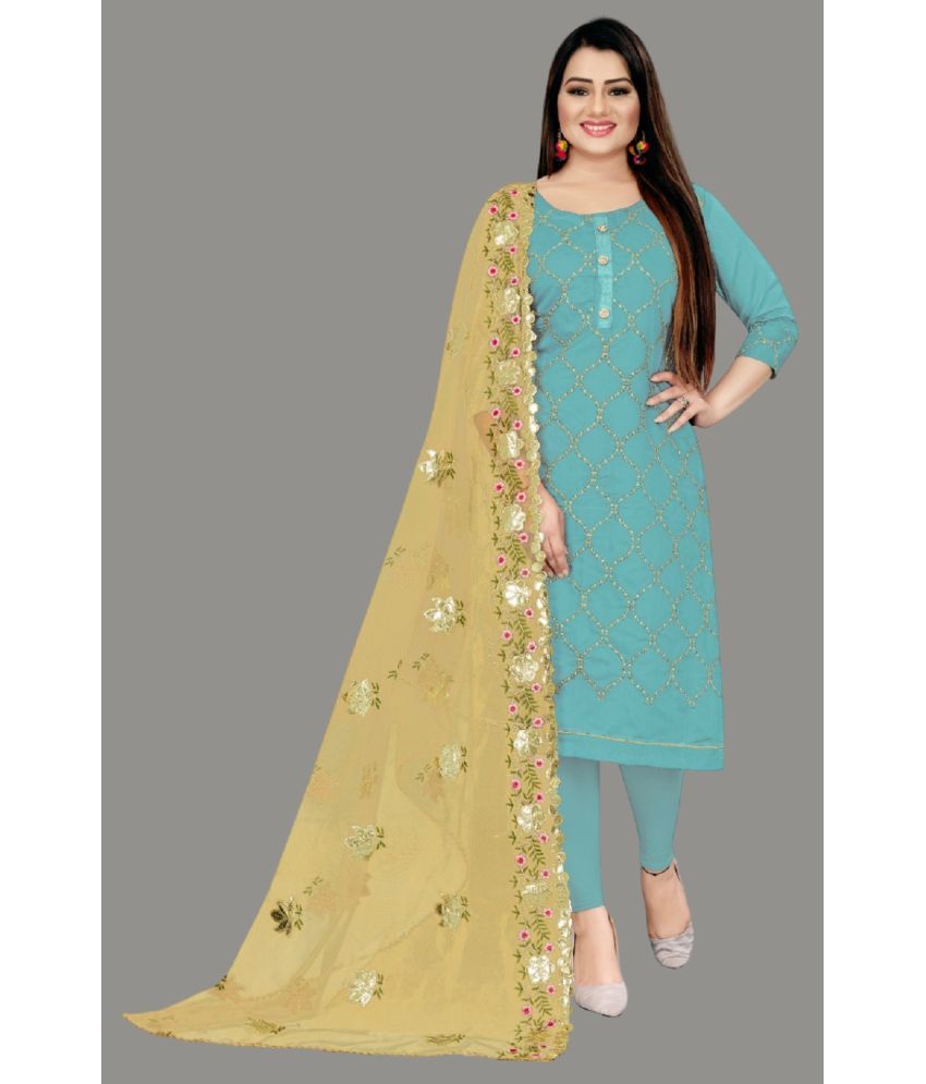     			Apnisha Unstitched Chanderi Embroidered Dress Material - Turquoise ( Pack of 1 )