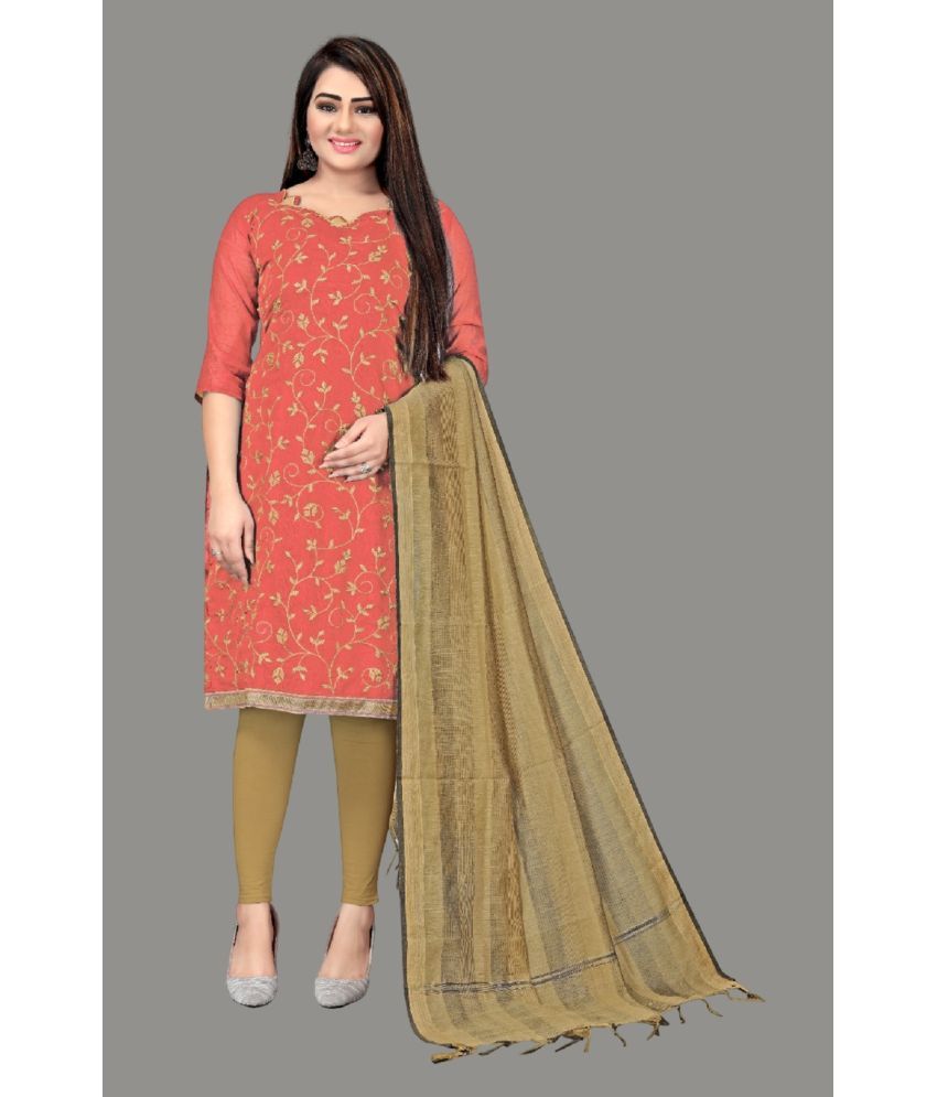     			Apnisha Unstitched Chanderi Embroidered Dress Material - Orange ( Pack of 1 )