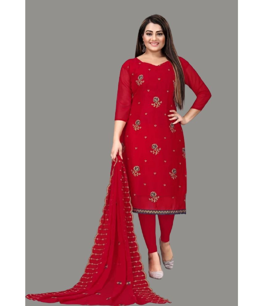     			Apnisha Unstitched Georgette Embroidered Dress Material - Red ( Pack of 1 )