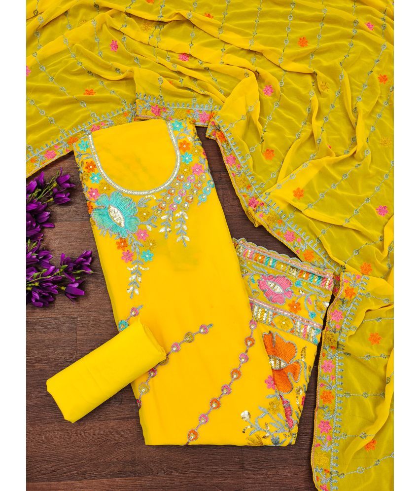     			Apnisha Unstitched Georgette Embroidered Dress Material - Yellow ( Pack of 1 )