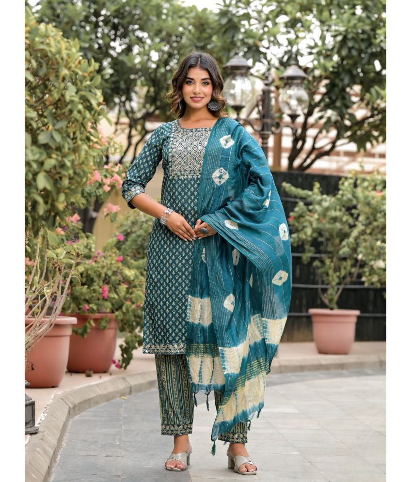     			Juniper Cotton Printed Kurti With Pants Women's Stitched Salwar Suit - Green ( Pack of 1 )