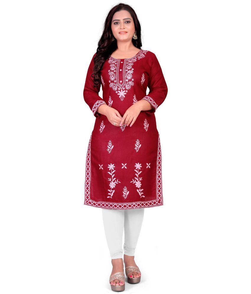     			Krihani Cotton Blend Embroidered Straight Women's Kurti - Maroon ( Pack of 1 )