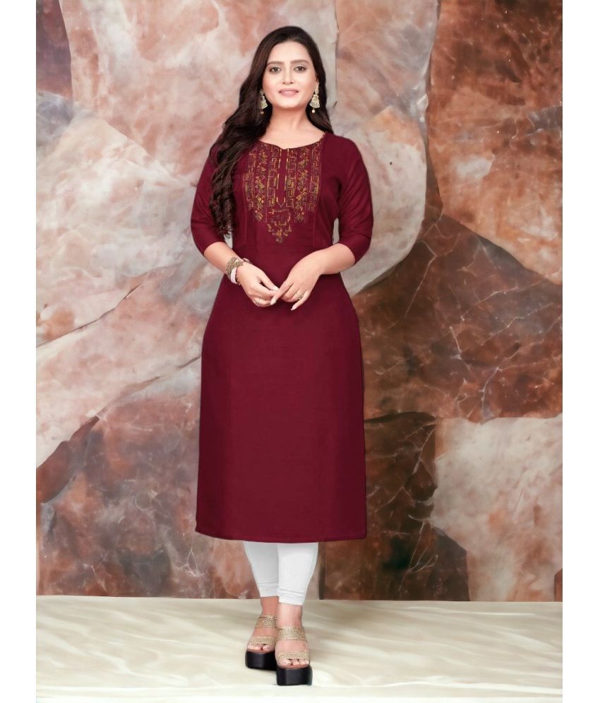     			Krihani Cotton Blend Embroidered Straight Women's Kurti - Maroon ( Pack of 1 )