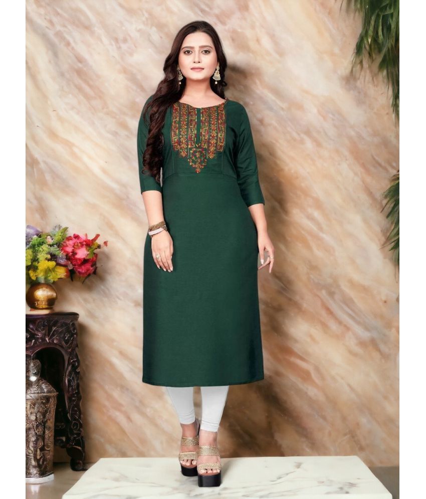     			Krihani Cotton Blend Embroidered Straight Women's Kurti - Green ( Pack of 1 )