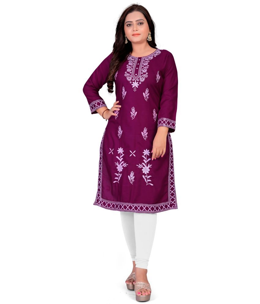     			Krihani Cotton Blend Embroidered Straight Women's Kurti - Wine ( Pack of 1 )