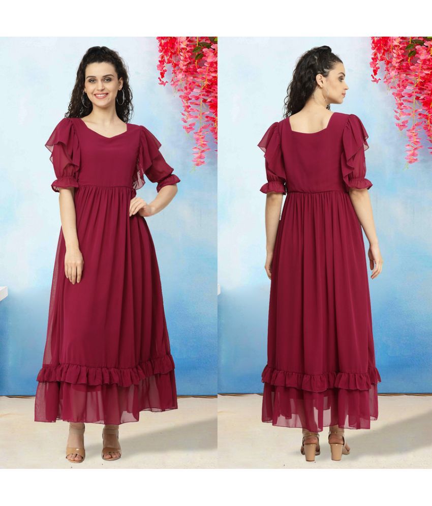     			MISS AYSE Georgette Solid Ankle Length Women's Fit & Flare Dress - Maroon ( Pack of 1 )