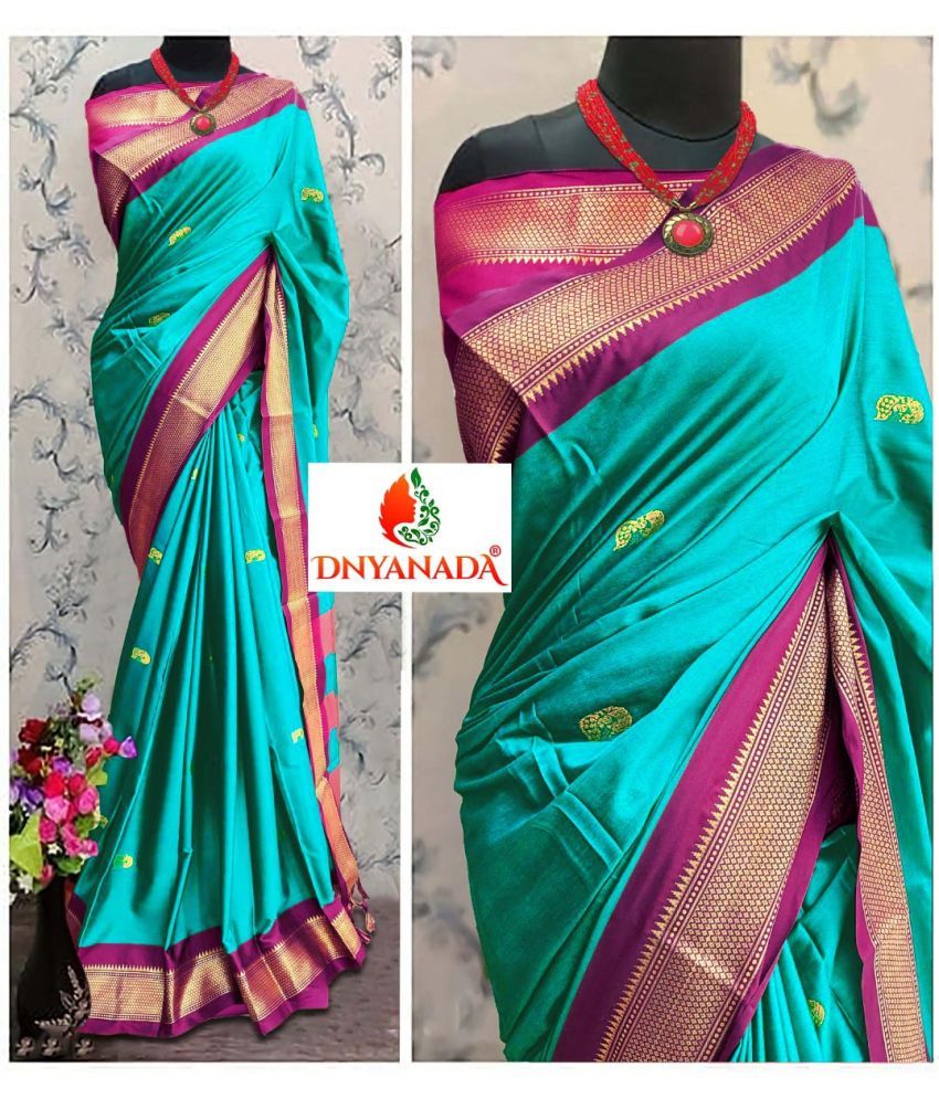     			Mysstre Cotton Silk Woven Saree With Blouse Piece - Teal ( Pack of 1 )