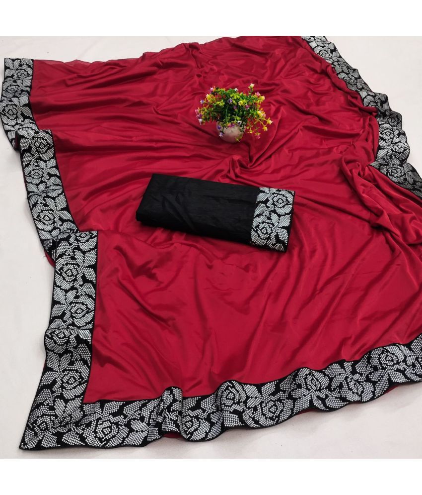     			Ruyu Lycra Embellished Saree With Blouse Piece - Red ( Pack of 1 )