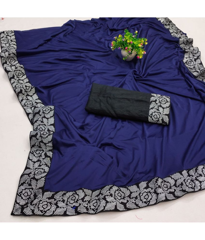     			Ruyu Lycra Embellished Saree With Blouse Piece - Blue ( Pack of 1 )