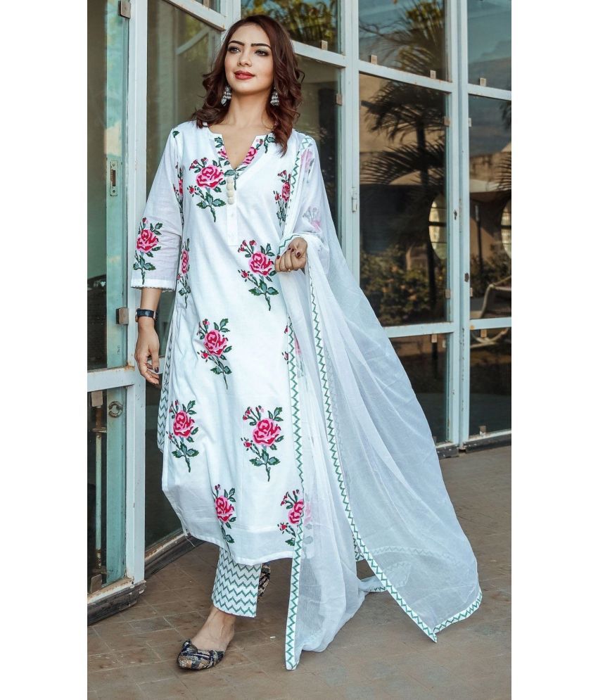     			THE FAB FACTORY Cotton Blend Printed Kurti With Pants Women's Stitched Salwar Suit - White ( Pack of 1 )