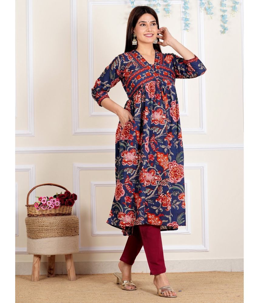     			Vbuyz Cotton Printed Flared Women's Kurti - Blue ( Pack of 1 )