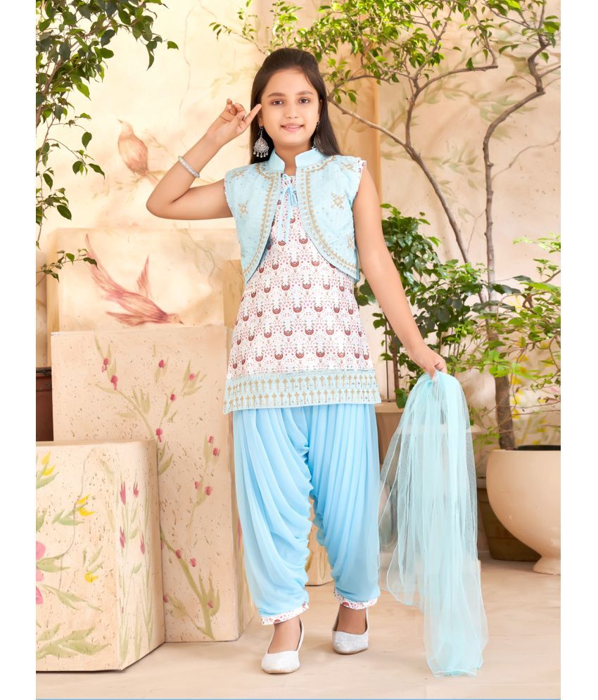     			Aarika Sky Blue Silk Girls Patiala Kurta Set ( Pack of 1 )