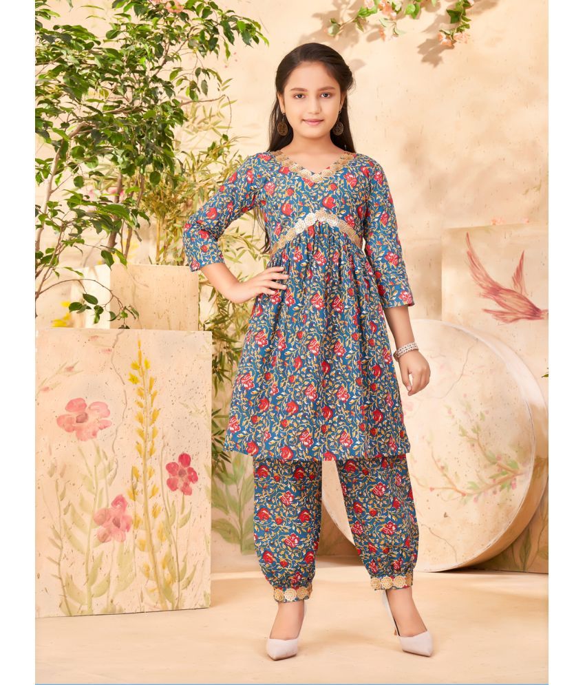     			Aarika Teal Cotton Girls Patiala Kurta Set ( Pack of 1 )