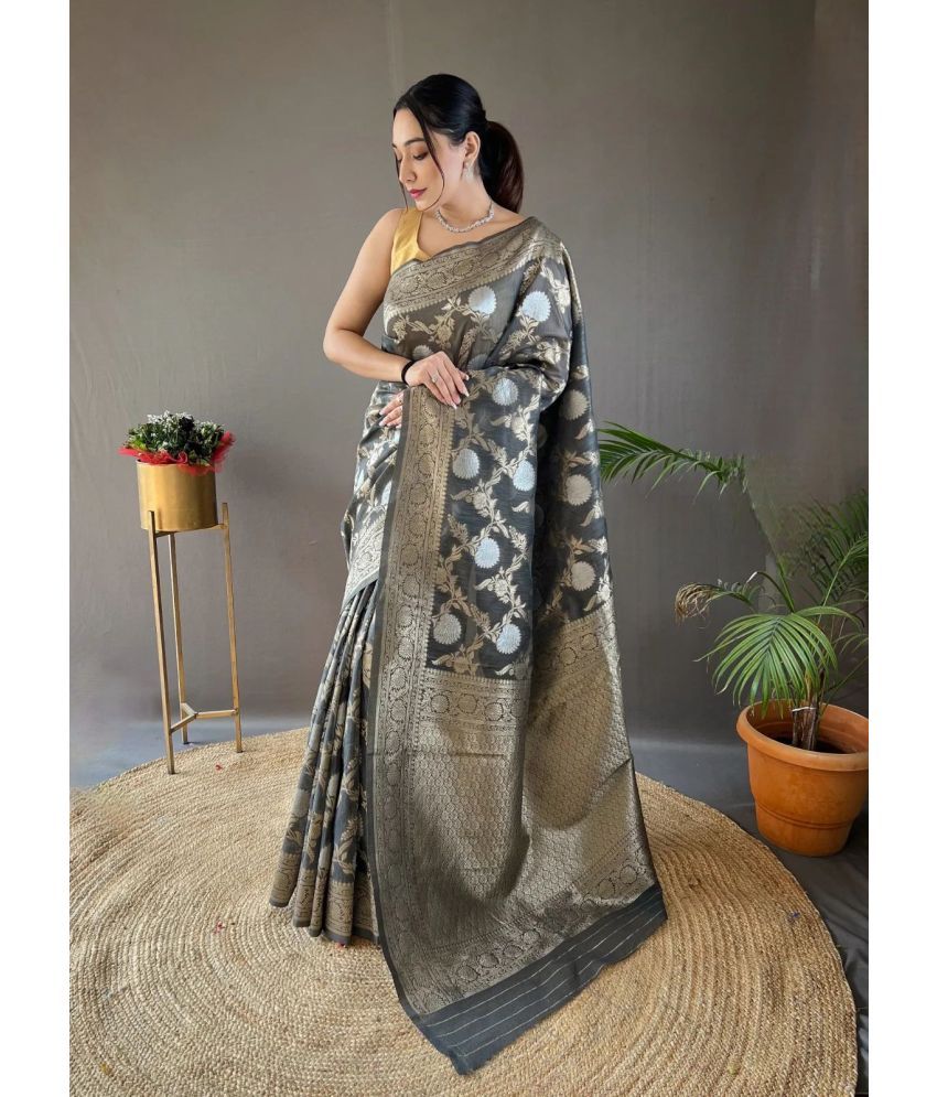     			MJ TRENDZ Jacquard Self Design Saree With Blouse Piece - Grey ( Pack of 1 )