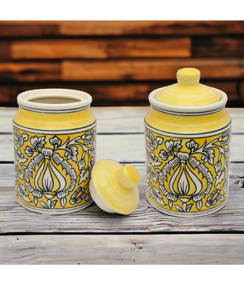     			Malaikah Yellow Pickle Jar Ceramic Yellow Pickle Container ( Set of 2 )