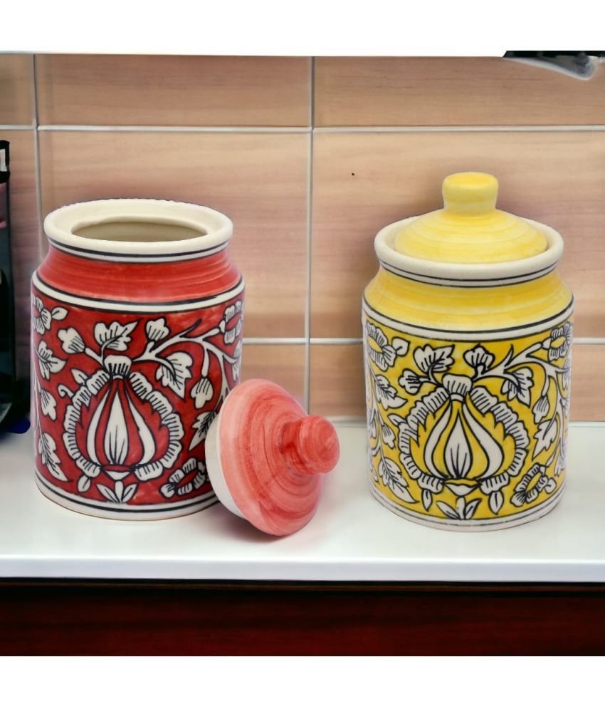     			Malaikah Yllw Red Pickle Jar Ceramic Multicolor Pickle Container ( Set of 2 )