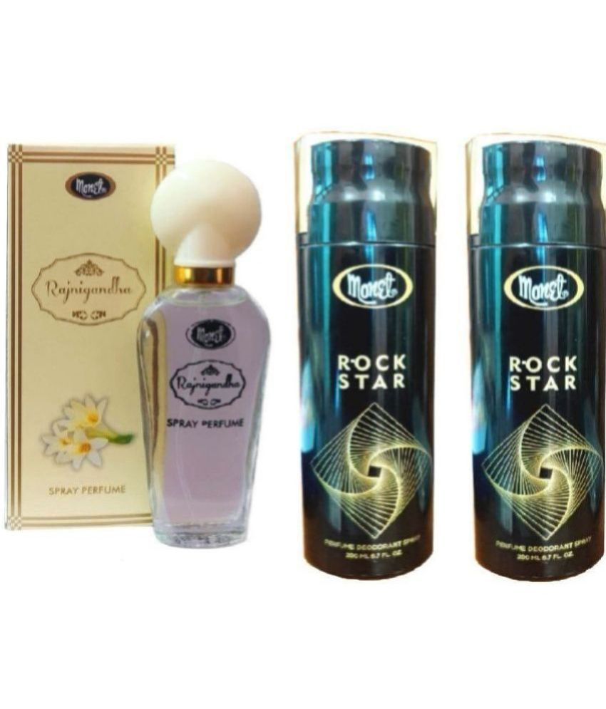     			Monet 2 RAJNIGANDHA PERFUME &1 ROCK STAR DEO Deodorant Spray & Perfume for Men,Women 430 ml ( Pack of 3 )