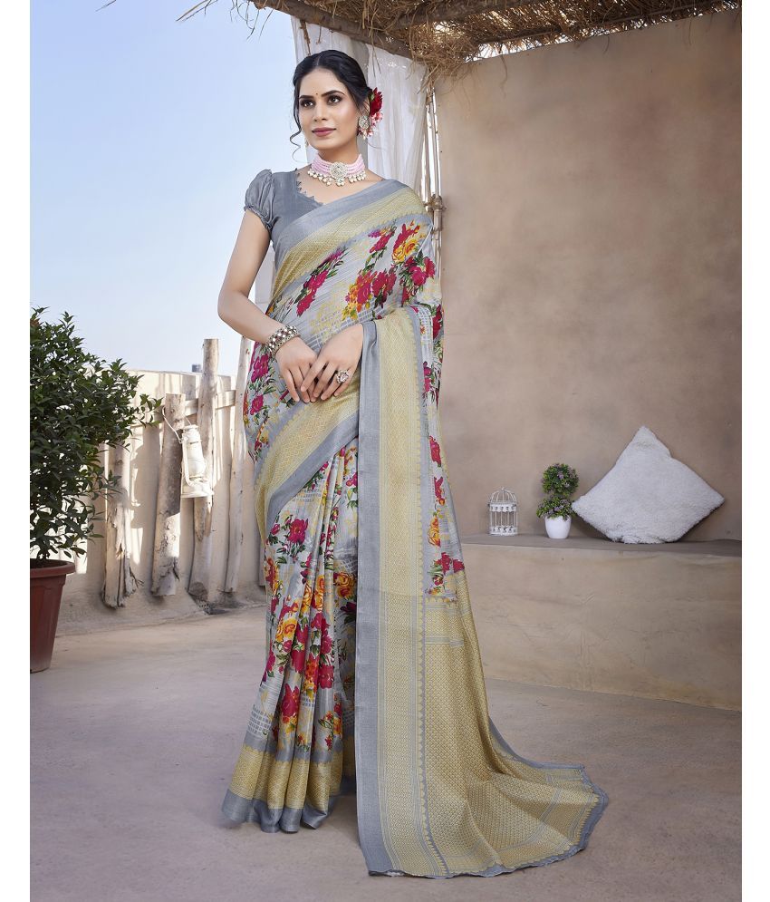     			Yashika Art Silk Printed Saree With Blouse Piece - GREY ( Pack of 1 )