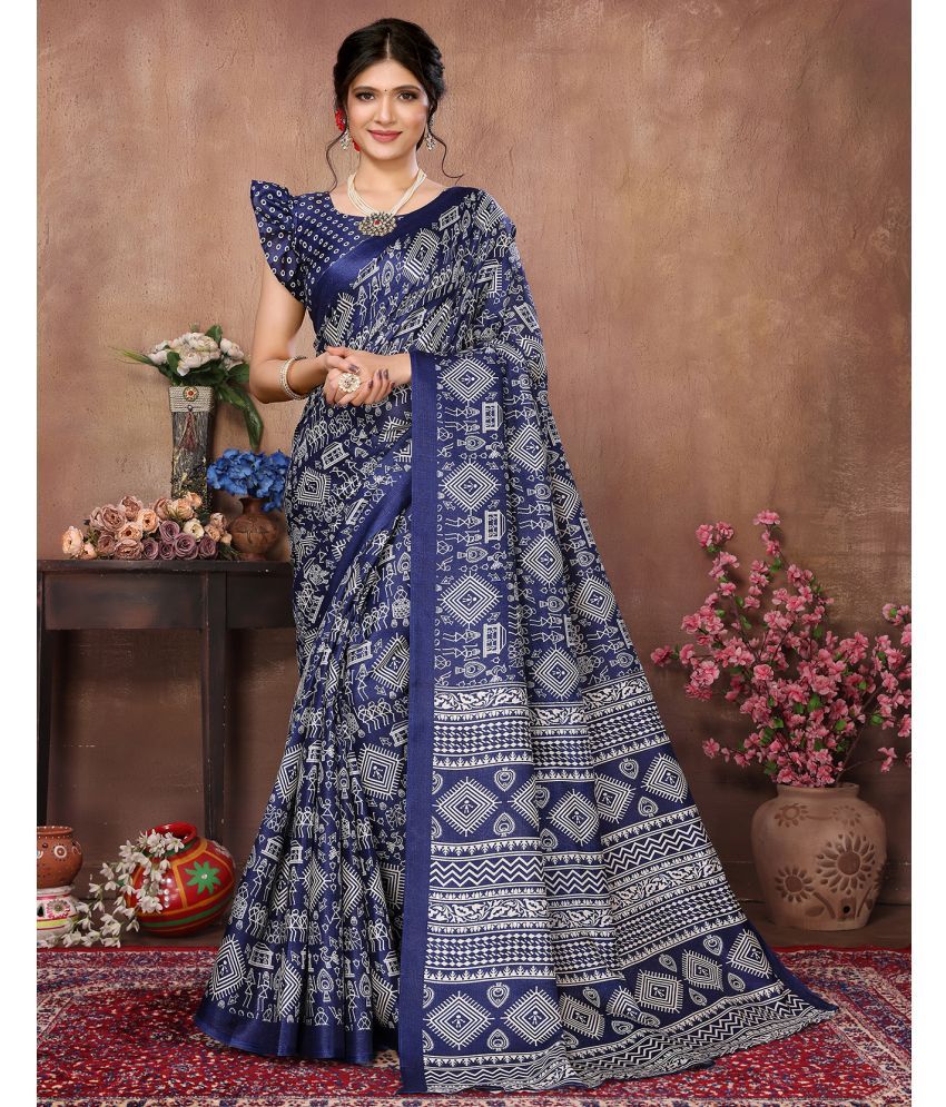     			Yashika Art Silk Printed Saree With Blouse Piece - Navy Blue ( Pack of 1 )